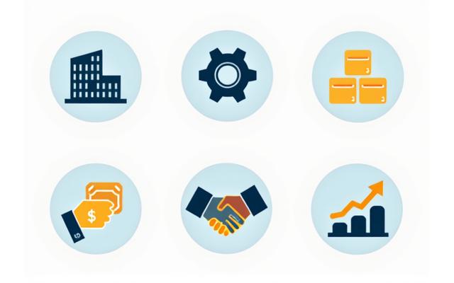 Grid of diverse icons representing various business uses for a term loan, such as a factory for expansion, a truck for equipment, and stacked boxes for inventory.
