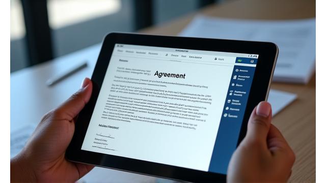 Illustration of a person signing a digital agreement on a tablet with legal documents in the background, signifying digital compliance and platform usage terms.